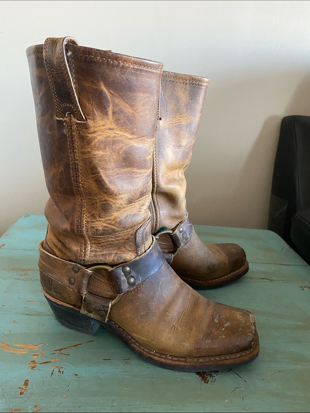 Frye Brown Leather Harness Heeled Boots